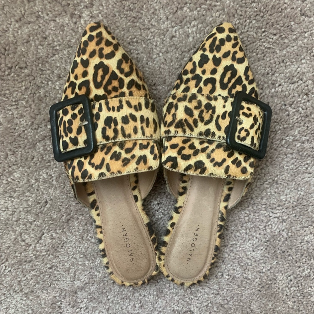 Halogen Leopard Genuine Calf Hair Fur Buckle Mules Slides